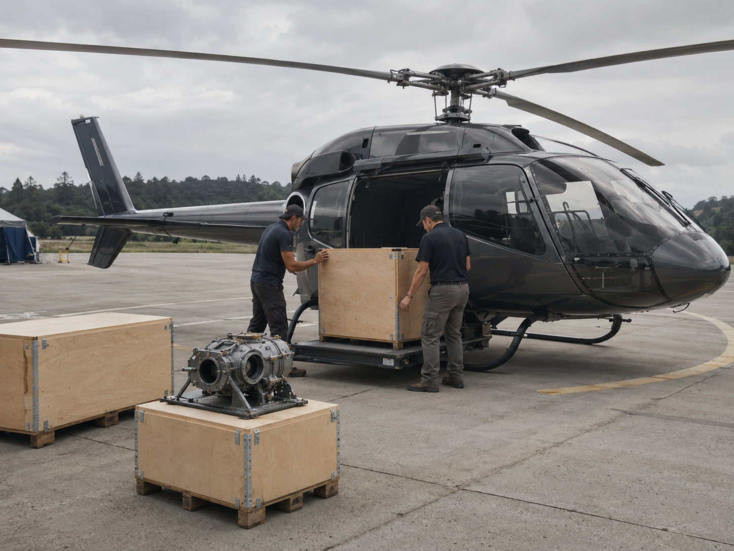 Beladung eines Helikopters mit Fracht auf einem Landeplatz